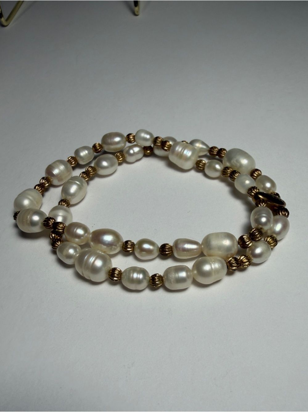 Vintage Signed Monet Faux Pearl and Gold Bead Double-Strand Bracelet